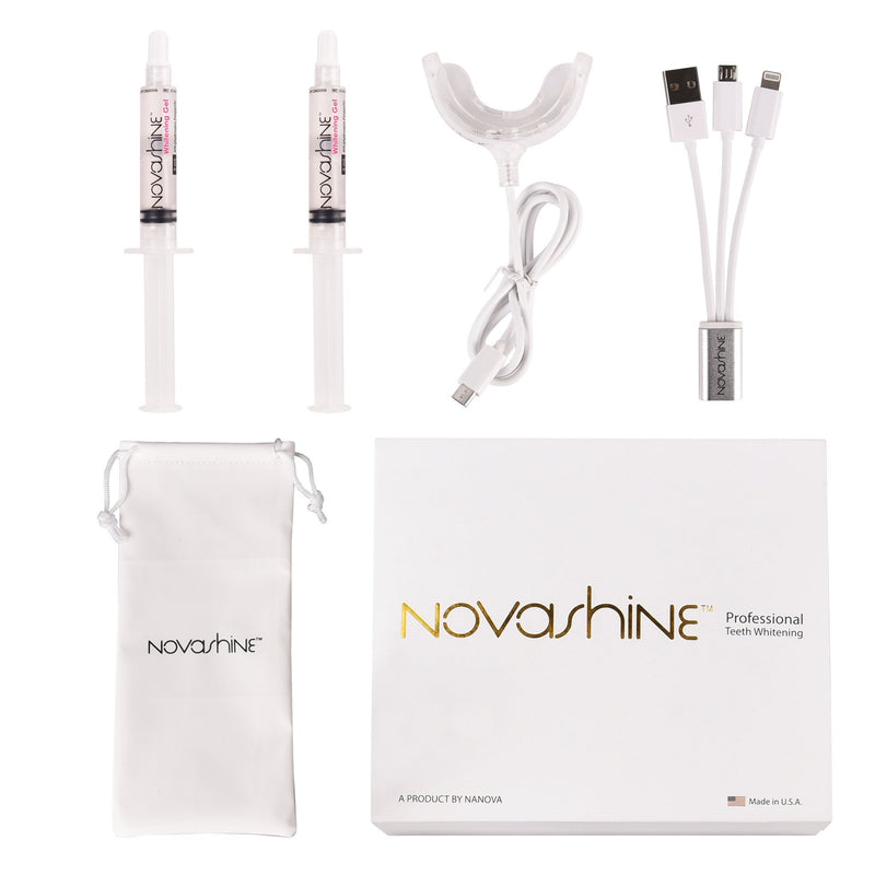 Content of the Teeth Whitening Kit - includes (2) whitening gel syringes,  (1) LED mouthpiece, (1) microadapter with 3 ports, (1) travel bag