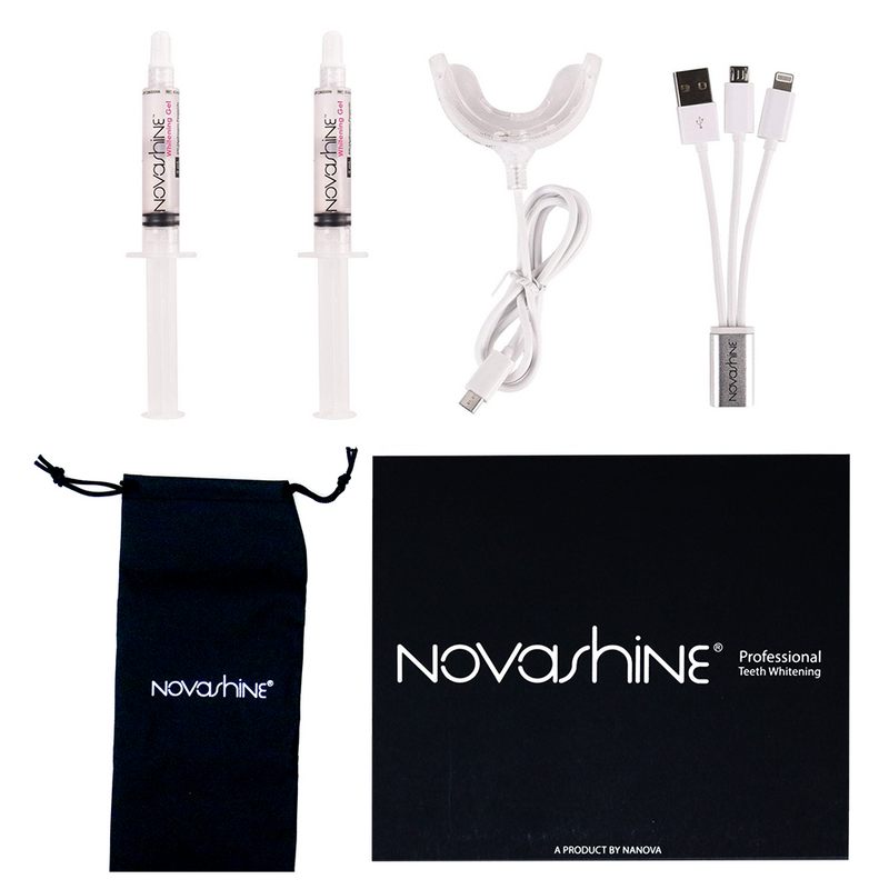Teeth Whitening Kit for him includes: (2) whitening gel syringes, (1) LED mouthpiece, (1) micro adapter with 3 ports, (1) travel bag